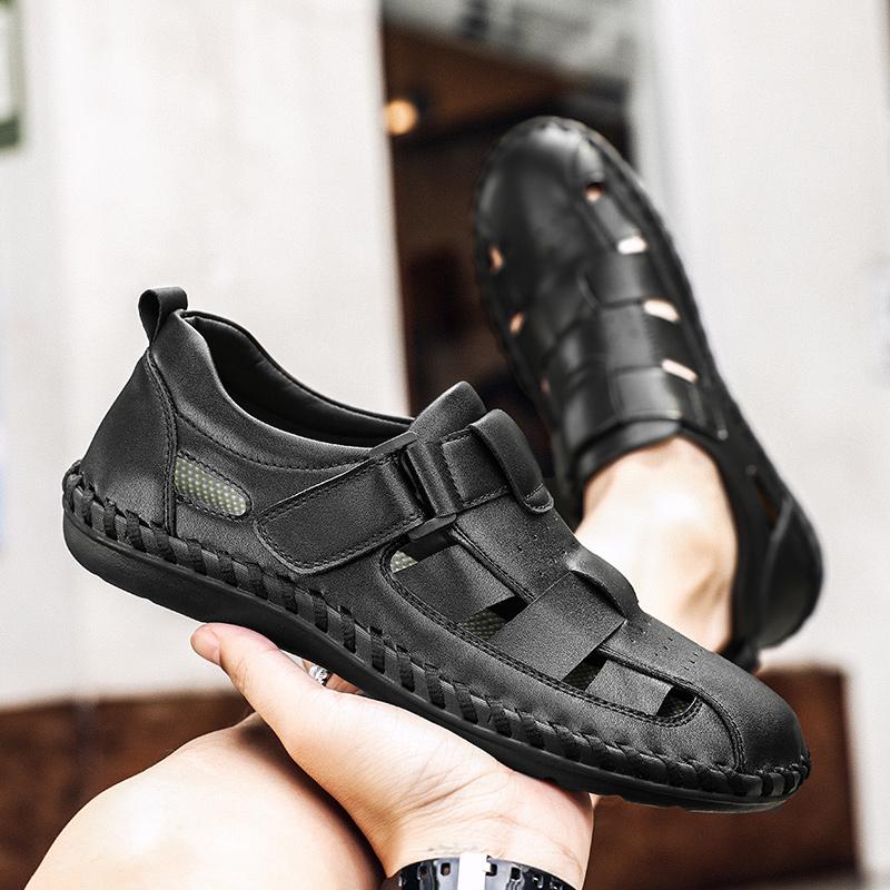 Fashion Leather Sandals Baotou 2025 Summer New Genuine Leather Breathable Hollow Porous Shoes Men's Tendon Soft Bottom Middle-Aged Dad