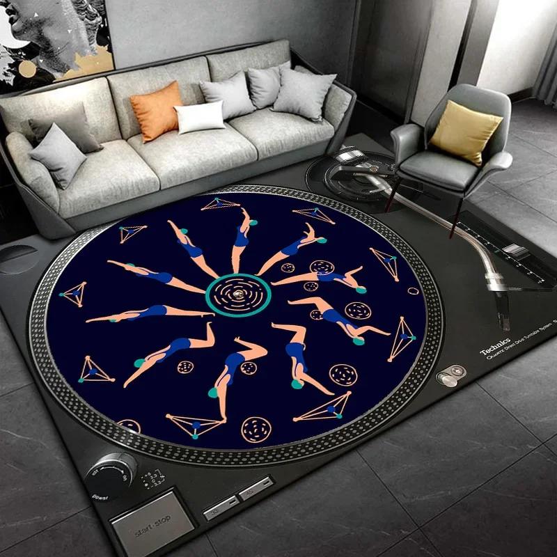 Living Room, Bedroom, Office,Black Carpet, Retro Disc Player Vinyl Records Pattern Carpet, Stain-resistant Carpet, Fast Delivery