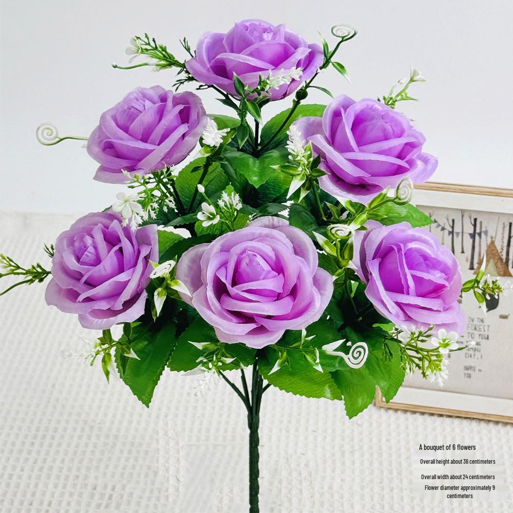 Curly Edge Red Rose Bouquet - 6 Head Artificial Silk Flowers for Living Room Decoration