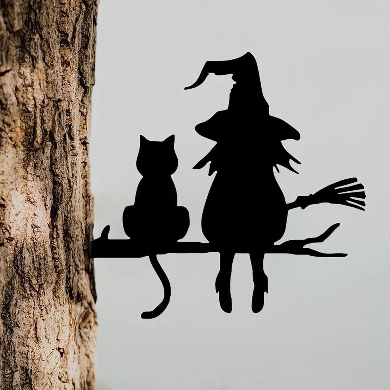 Wall Art Metal Silhouette Witch and Cat Tree Ornament for Fence Garden Lawn