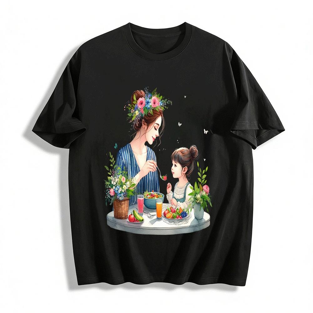 Warm Mother Child Feeding Print Casual Top Loving Mom Daily Tee Pure cotton T-shirt XXS