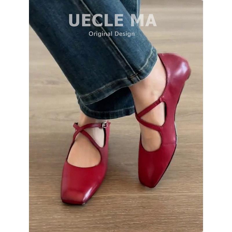 Sheepskin Model~ Retro French Single Shoes Women's Flat Red Shoes Light Mouth Ballet Evening Shoes Cross Belt Mary Jane Shoes