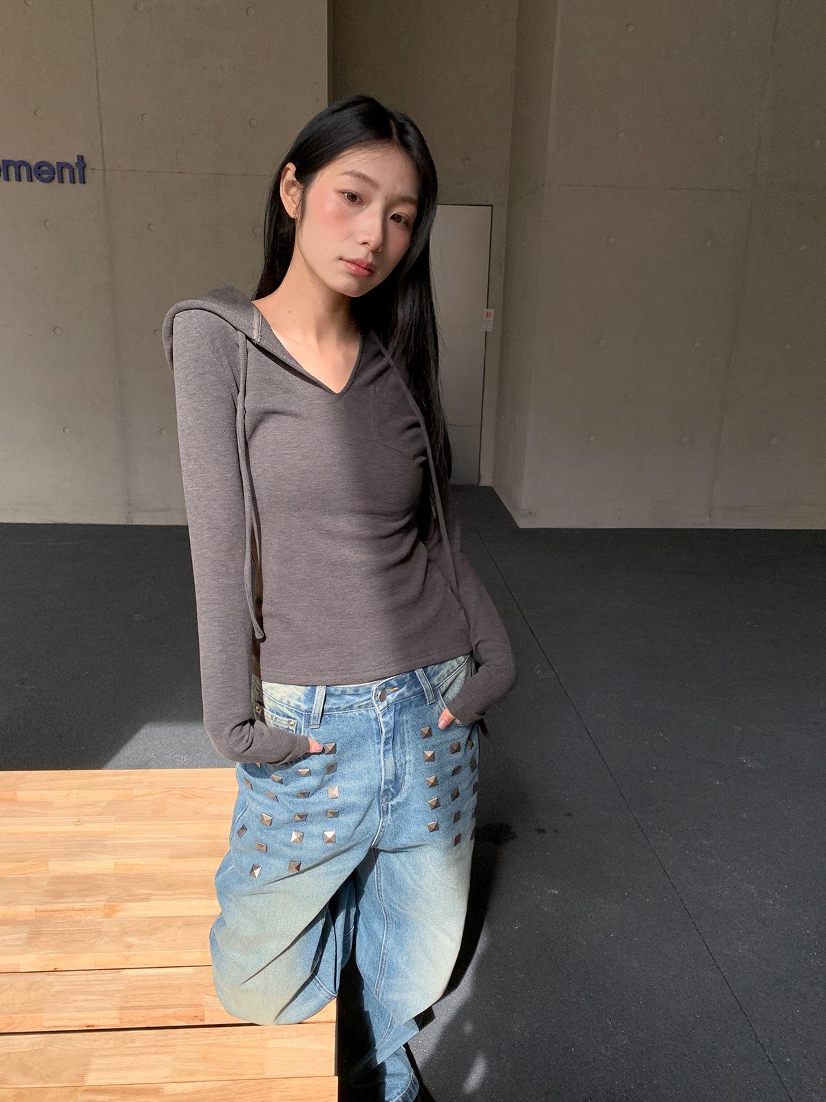 

American Spicy Girl Style Hoodie T-Shirt for Women - Autumn Winter 2025 Base Layer Top One Size серый