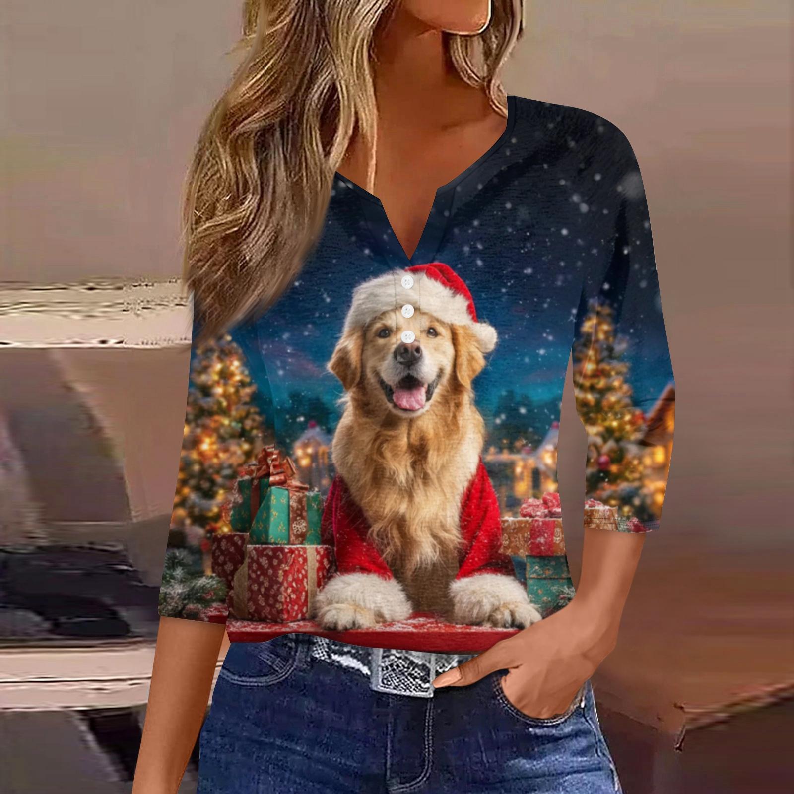 

Женская модная повседневная рождественская блузка с V-образным вырезом и рукавом три четверти, украшенная пуговицами S