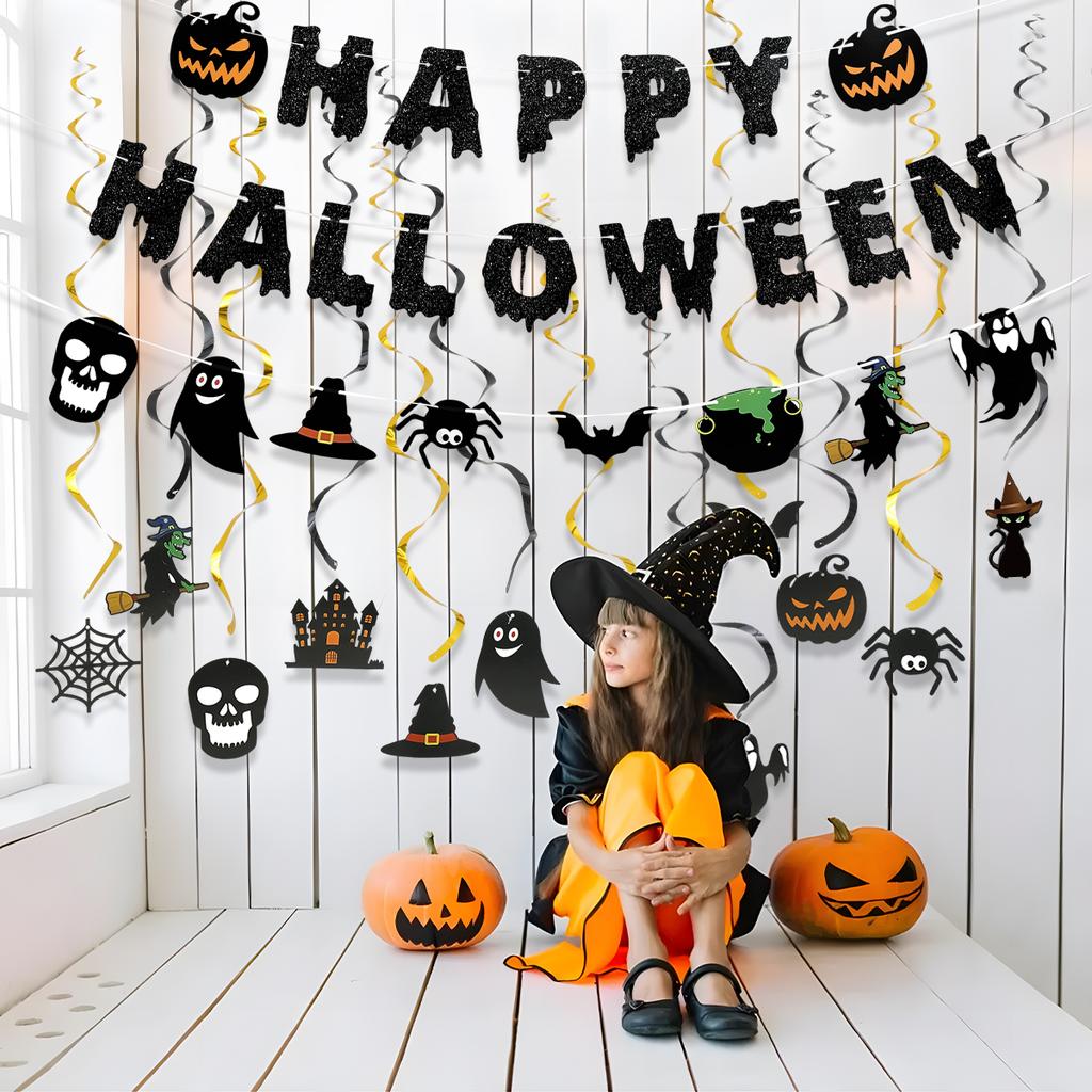 Halloween Pumpkin Paper Banner Backdrop Happy Halloween Party Decorations 2025 Haunted House Ghost Trick or Treat Spiral Pendant
