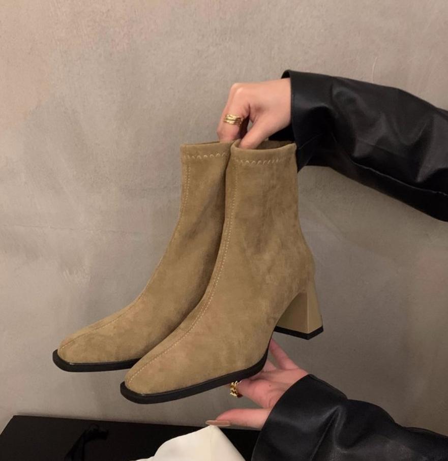 Fashion Vintage Women Ankle Boots 2025 Fashion Square Toe Thick High Shoes Autumn Winter New Ladies Elegant Stretch Slim Short Booties