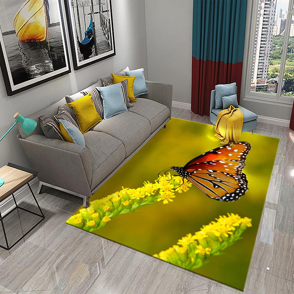 3D Bunter Schmetterling Blume Teppich Teppich für Wohnzimmer Schlafzimmer Sofa Küche Badezimmer Fußmatte Rutschfeste Bodenmatte Geschenk Heimdeko