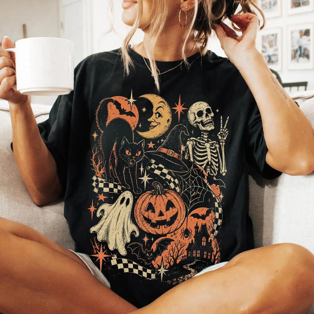 Unisex Cotton Short Sleeve Vintage Halloween T Shirt Men Women Retro Pumpkin Ghost Skeleton Black Cat Print Tee Loose Washed Casual St Unisex,gift,Top