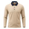 Men Striped Contrast Collar Long Sleeve Polo Shirt, 3 Button Placket Textured Lightweight Business Casual Golf Collared Top Multiple Colors