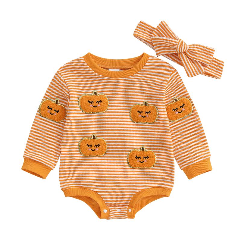 

Newborn Baby Girl Halloween Outfit Ghost Pumpkin Pattern Striped Crew Neck Romper with Headband 2 Pcs Set for Fall 0-3M помаранчевий