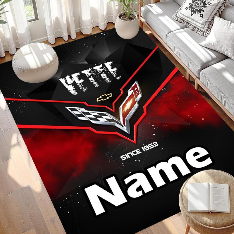 Custom Name Personalized Chevrolet Corvette Print Carpet, Versatile Home Decor Rug, for Playroom, Apartment, Balcony, Entryway, Hallway Gift