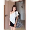 Design Slanted Shoulder Short-sleeved T-shirt Women's New Summer Chic One-word Shoulder T-shirt Pure Cotton Off-shoulder Top Ins