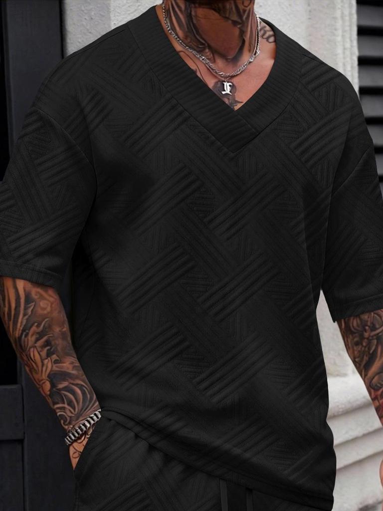Spring/Summer Men's Solid Color V-neck Jacquard Casual Outdoor Short-sleeve T-shirt