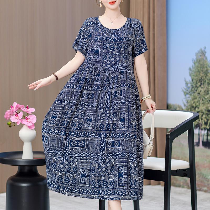 Elegant Dresses for Women Plus Size Loose Casual Vintage Print Long Dress With Sleeves Summer Middle-aged Women's Clothing