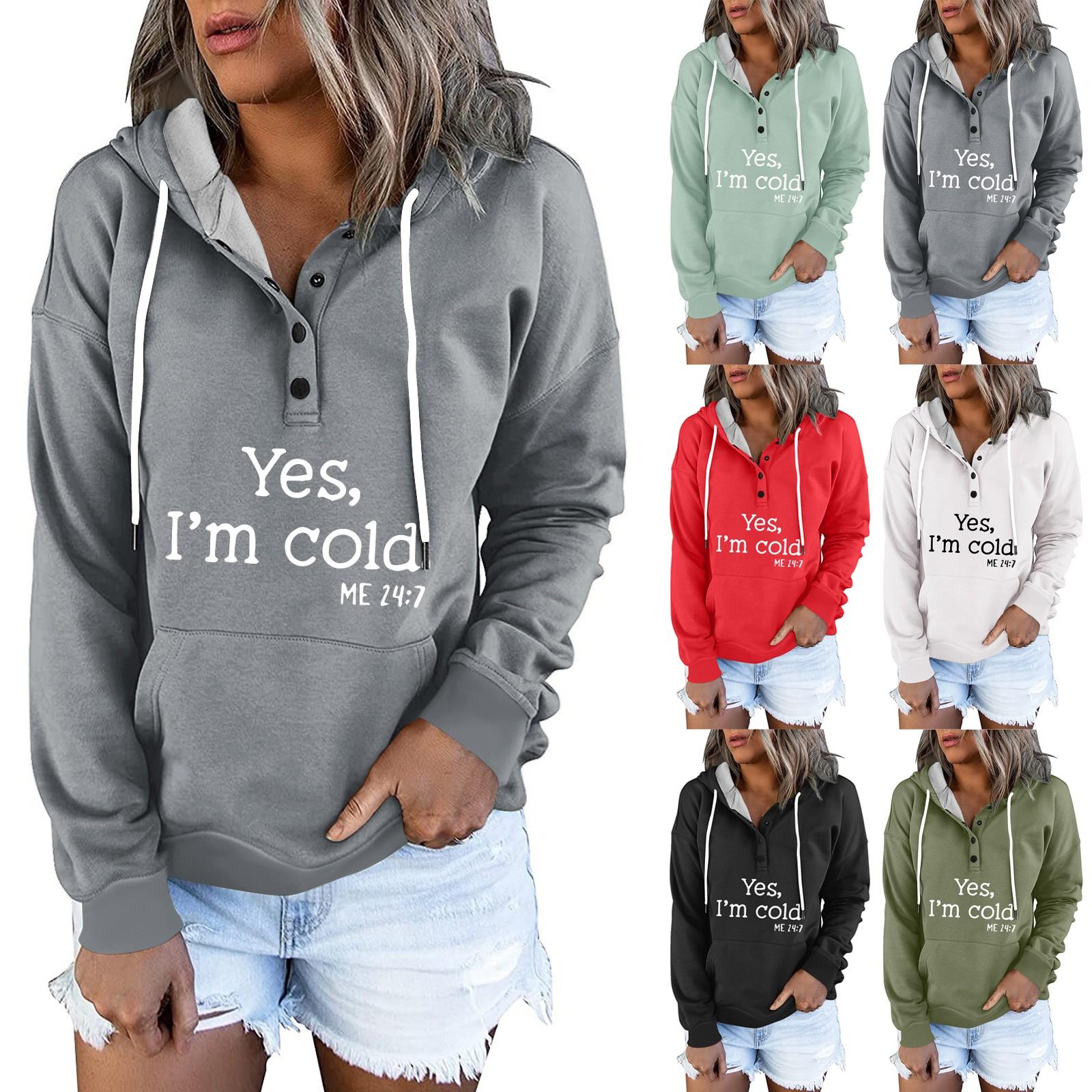 

Женские пуловеры с капюшоном, топы с принтом, повседневные толстовки с карманами на пуговицах и длинными рукавами