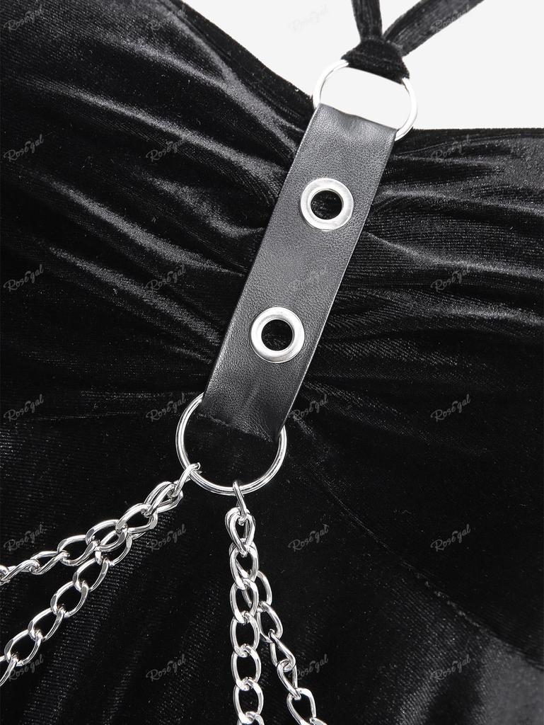 Rosegal Gothic PU-Riemen Ösen Lagenkette Überkreuzte Riemchen Asymmetrisches Taschentuch Samt Rückenfreies Cami Top