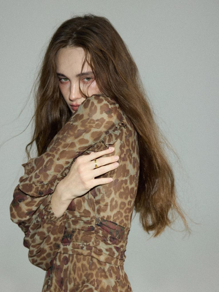Sinseuden Leopard Rose Ruffle Long Dress