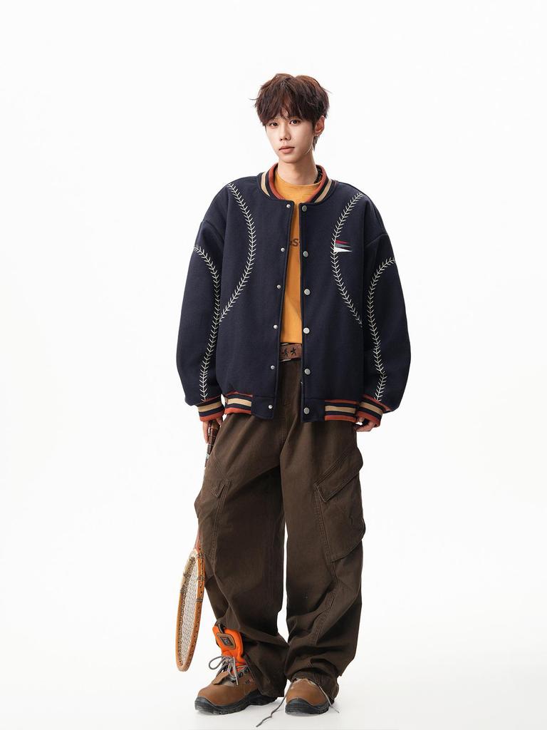 Guochao Vintage Woll-Baseballjacke mit Stickerei für Damen & Herren - Schweres Retro-Modell für Herbst/Winter 2025