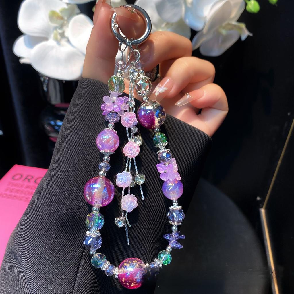 Styl Lekki Luksus Złota Folia Koralik Róża Kwiat Frędzel Łańcuszek do Telefonu Kryształowy Koralik Brelok Ozdobny Łańcuszek Damski Wisiorek do Torby