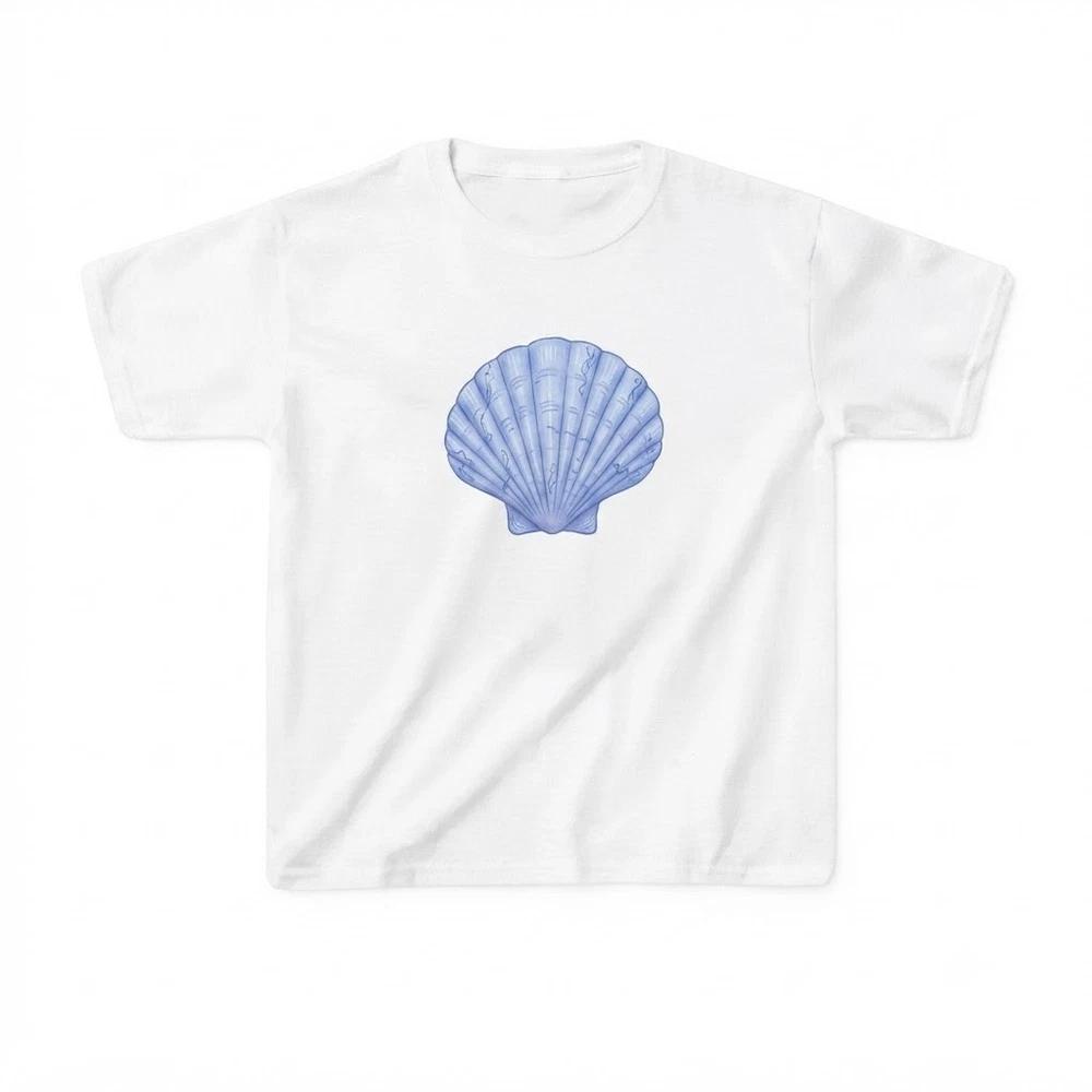 Seashell Graphic Tee Blue Scallop Shell White TShirt S