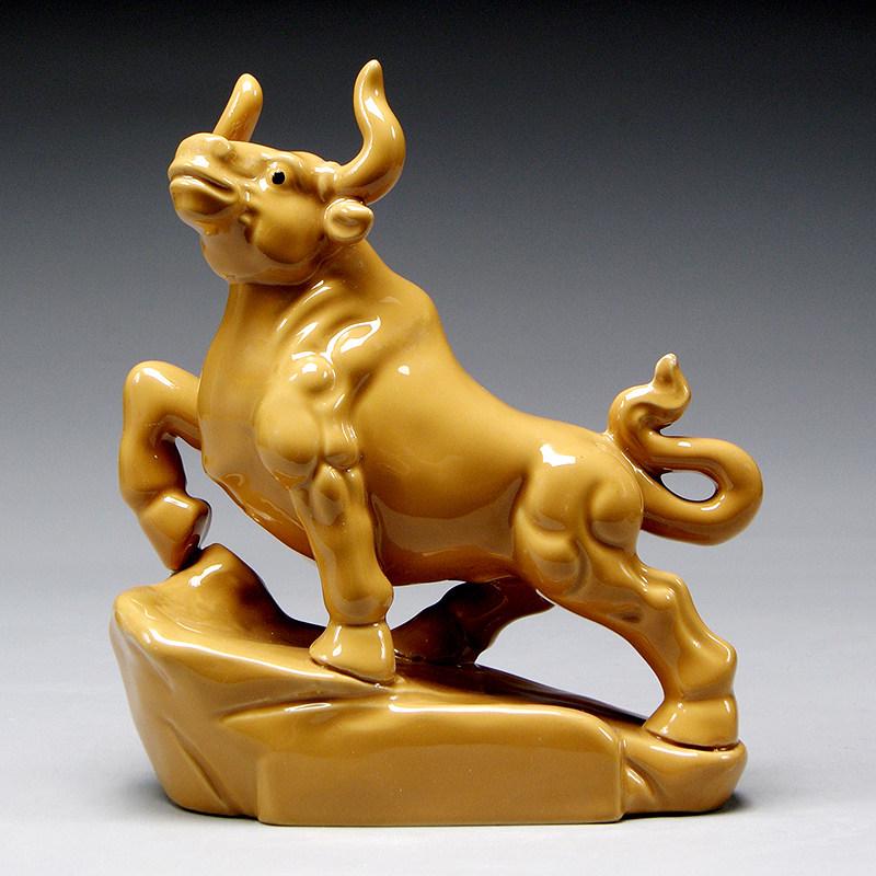 Earthy Yellow Ceramic Zodiac Ox Figurine: Soaring Spirit Auspicious Mascot for Home Relaxation