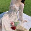 2025 Floral Chiffon Tea Dress: Sweet Long Sleeve French Princess Style