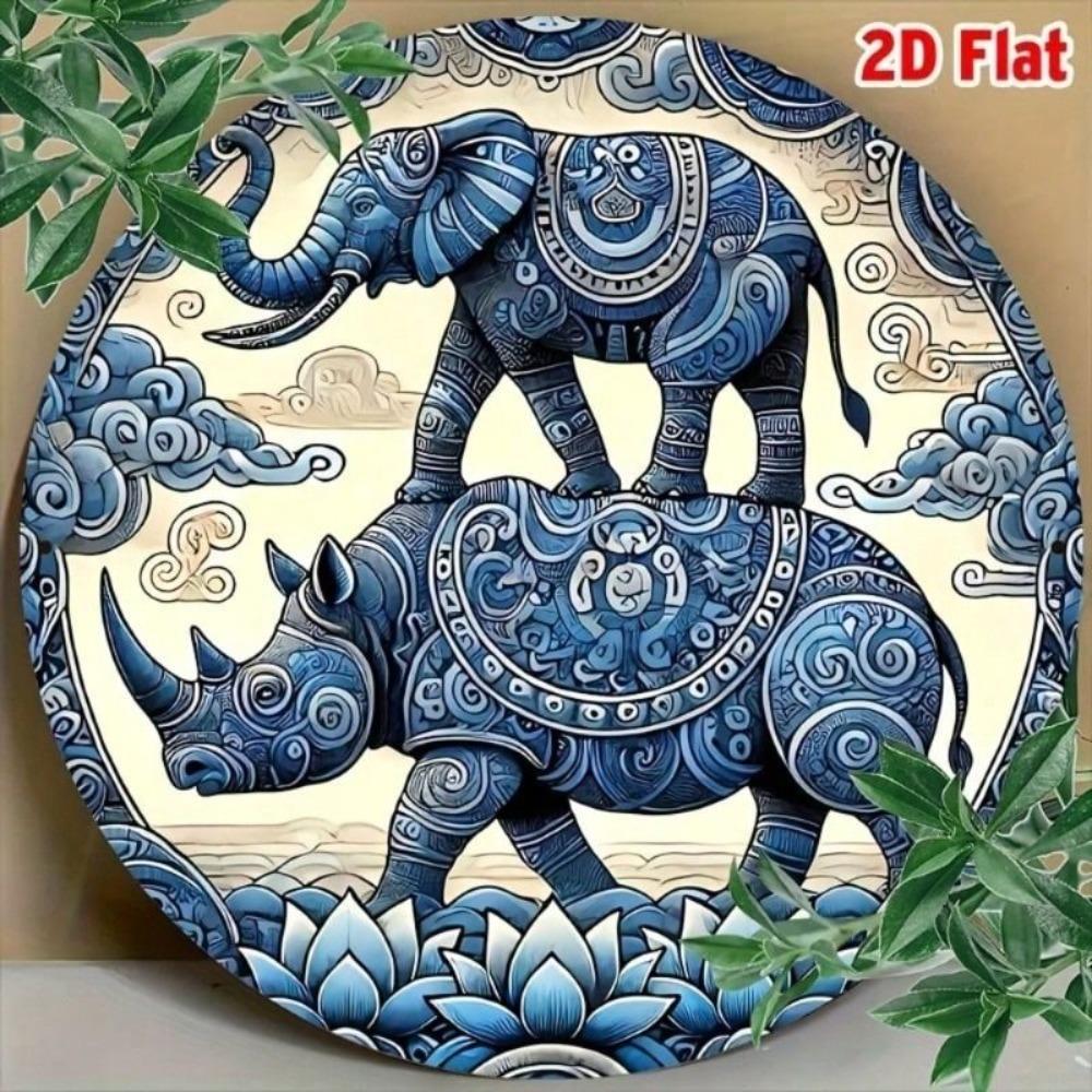 Metal Wall Art Vintage Rhinoceros Elephant Round 8x8 Inch Living Room Decor