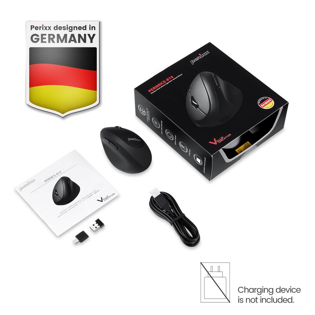 Perixx PERIMICE-819 Ergonomic Mouse, Multi-Device, Simultaneous Connection to 3 Devices, Bluetooth, USB Receiver (Type-C, Type-A), Wireless