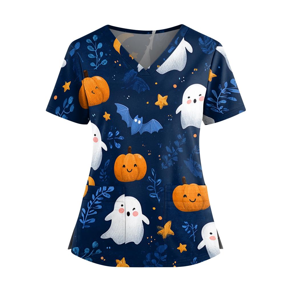 Halloween Print V Neck Short Sleeve Nurse Scrub Top with Dual Pockets and Side Slits Medical Uniform Shirt for Healthcare Professionals