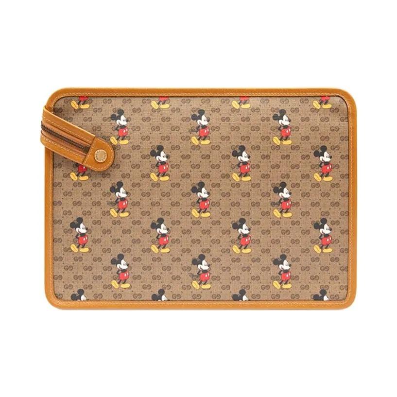 Gucci X Collaborazione Disney Stampa Topolino Logo Vintage Tela e Pelle Pochette Stile Unisex per Coppia Ebano e Marrone