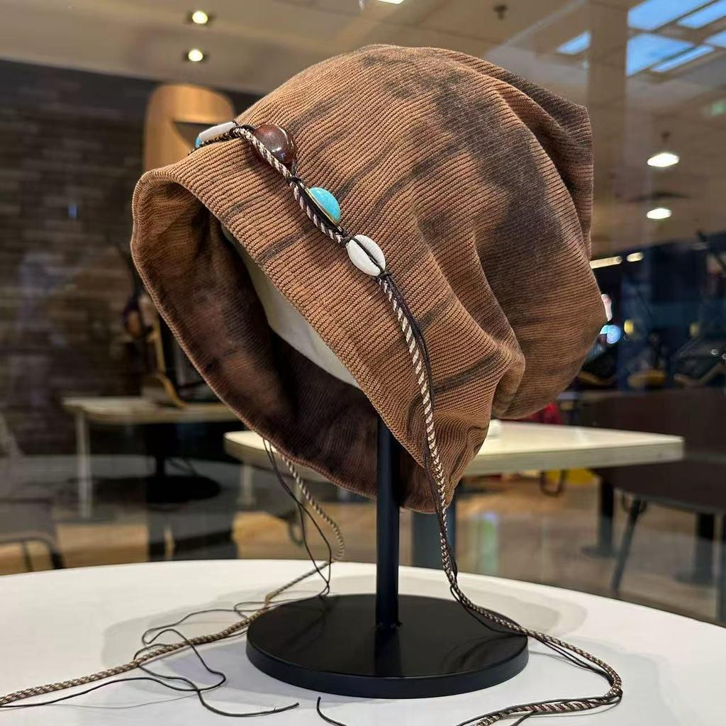 Korean-Style Tie-Dye Beaded Slouchy Beanie for Women - Ethnic Retro Tassel Skull Cap, Early Autumn Wear