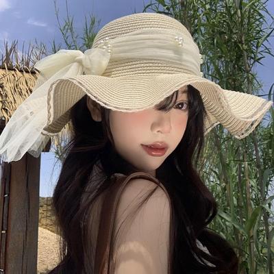 Fashion Spring Summer Bow Ribbon Straw Hat French Style Big Brim Lace Pearls Straw Hat Foldable Beach Women's Sun Hat Girls