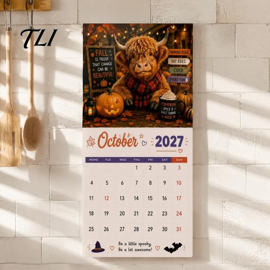 Academic Wall Calendar 2027 Funny Highland Cow Calendar, Cute Farm Animal 12 Month Functional Bedroom Decor Scottish Hanging Planner for Rustic