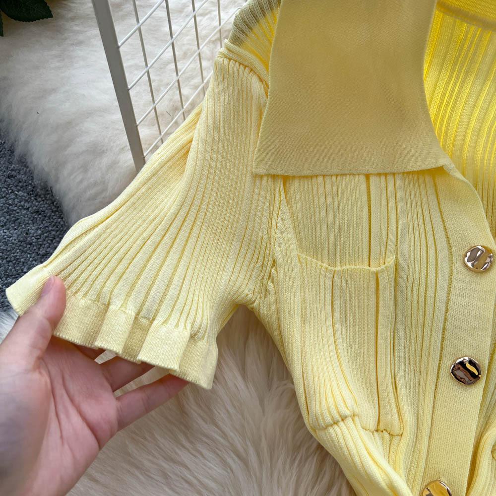 Korean Simple Design Lapel Knitted Dress Women's Summer Slim and Thin Single-breasted Royal Sister Temperament Long Dress