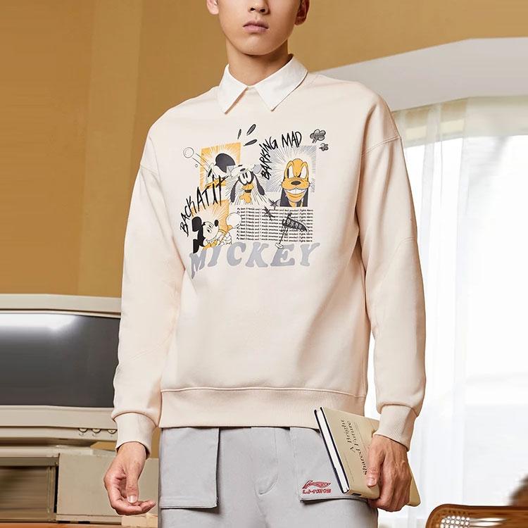 Li Ning X Disney Collaboration Sports Trend Series Cartoon Print Loose Fleece Crewneck Sweatshirt Unisex Sweatshirt Pink AWDR685-6