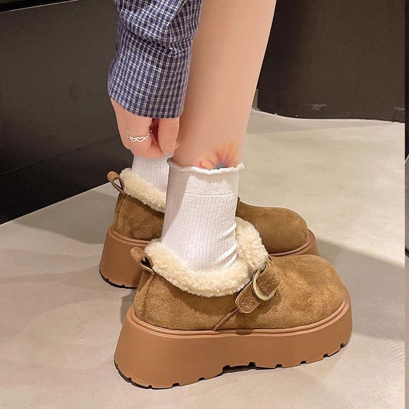 Leather thick-soled fluffy women's winter new women's shoes piled thickened warm loafers cotton shoes snow boots