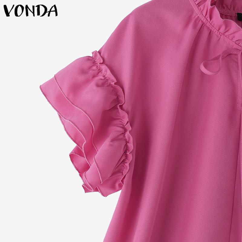 VONDA Women Summer Lace-up Neck Flounces Sleeve Casual Ruffled Long Blouse
