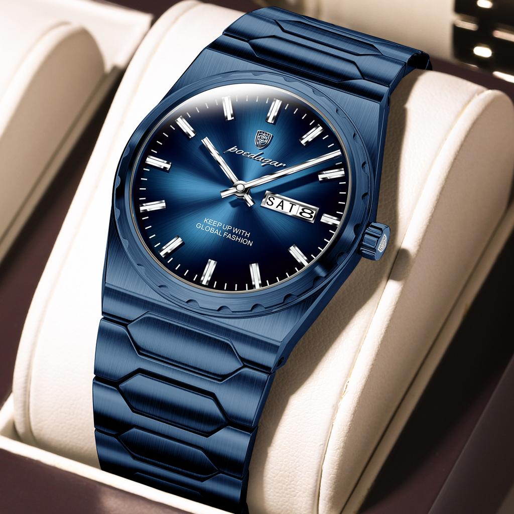 POEDAGAR Luxury Men Watch Stainless Steel Quartz Watches Sport Man Watch Waterproof Luminous Date Week Male Clock