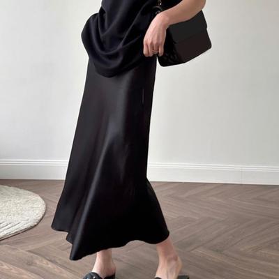 Women Skirt High Waist Satin Solid Clolor Elastic A-line Slim Fit Soft Breathable Ankle Length OL Commute Style Formal Party Prom Maxi Skirt
