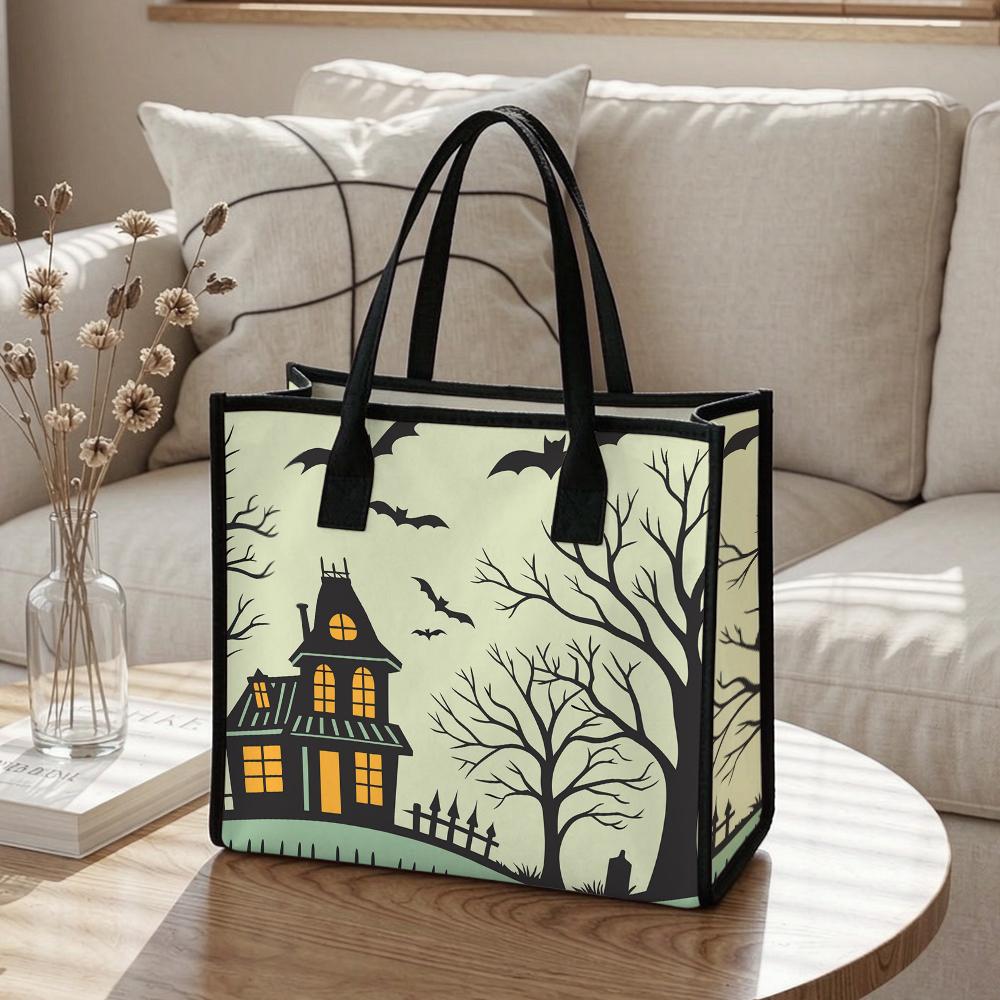 Halloween Spooky House Tote Bag Cute Bat Print Fashion Portable Casual Shopping Handbag