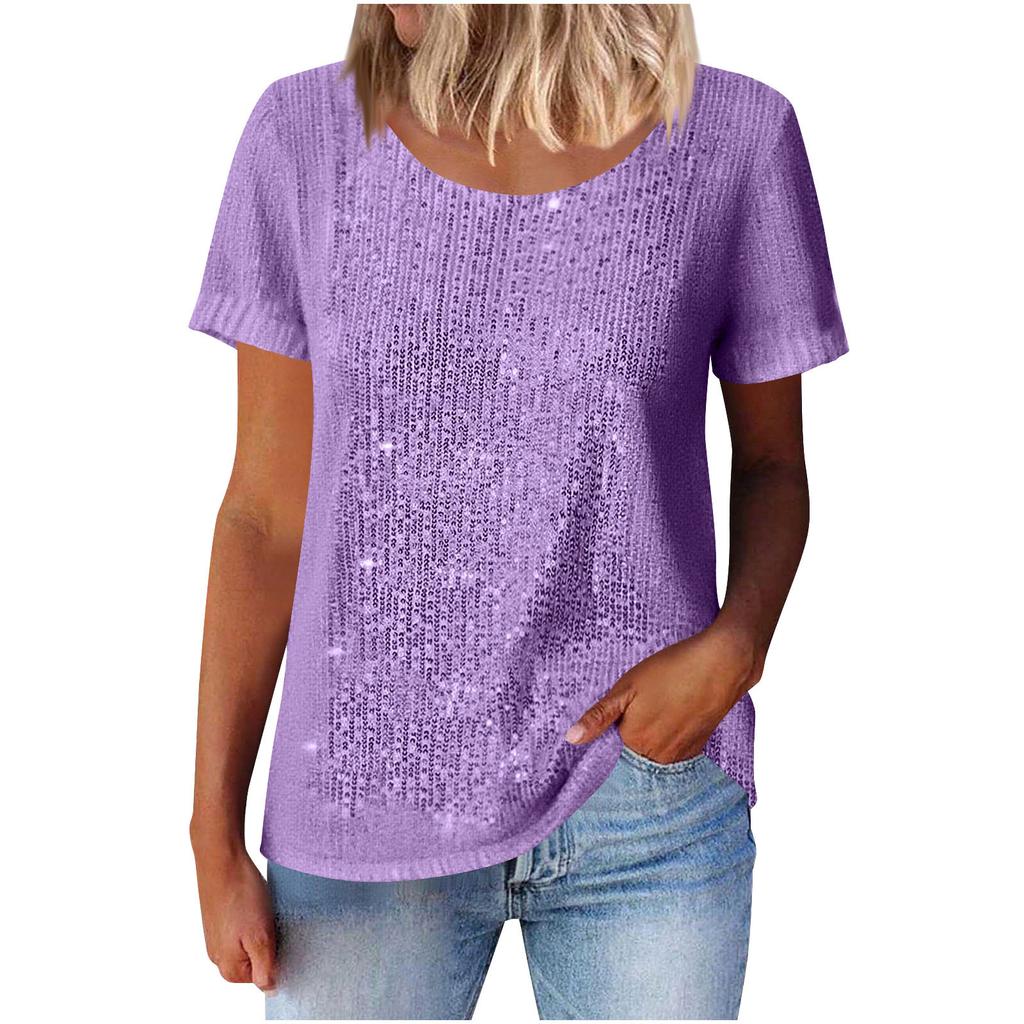 Women Multi Color Round Neck Short Sleeve Glitter Sparkle Casual Top