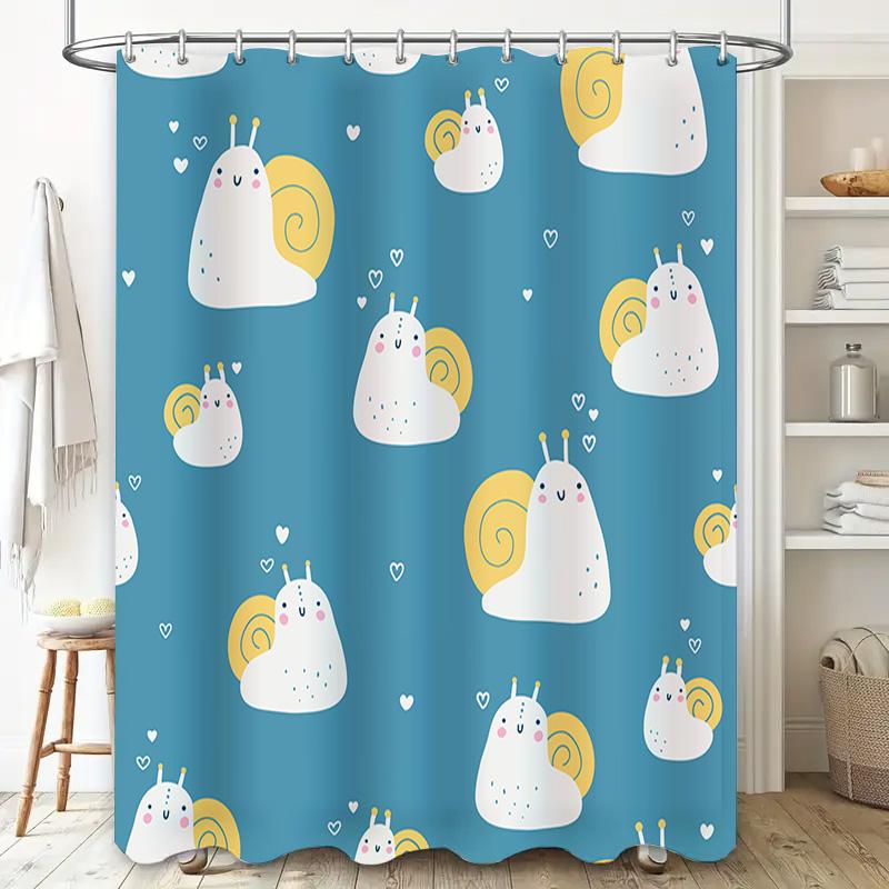 Adorable Cartoon Snail Shower Curtain For Bathroom Decor Blue Background With White Hearts Pattern Waterproof Fabric Easy Instal