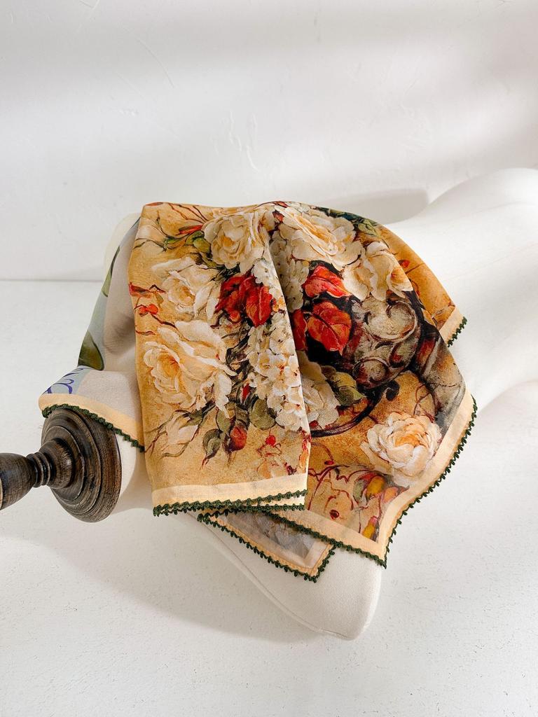 Classic retro spring new 111 mulberry silk square scarf premium light luxury national style double crepe lace silk scarf women's accessories