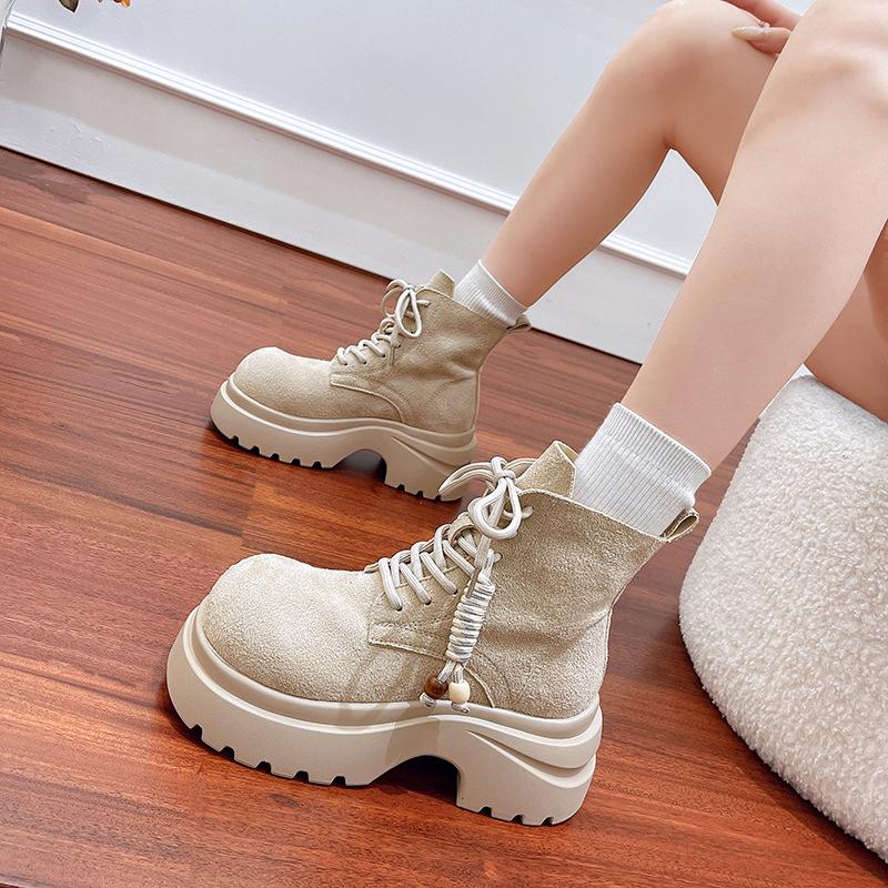 Retro thick-soled heightening Martin boots women's autumn new fashion Maillard slim short boots lace-up big yellow boots