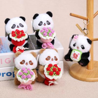 Panda Holding Flowers Keychain Cute Plush Stuffed Animal with Knitted Bouquet
