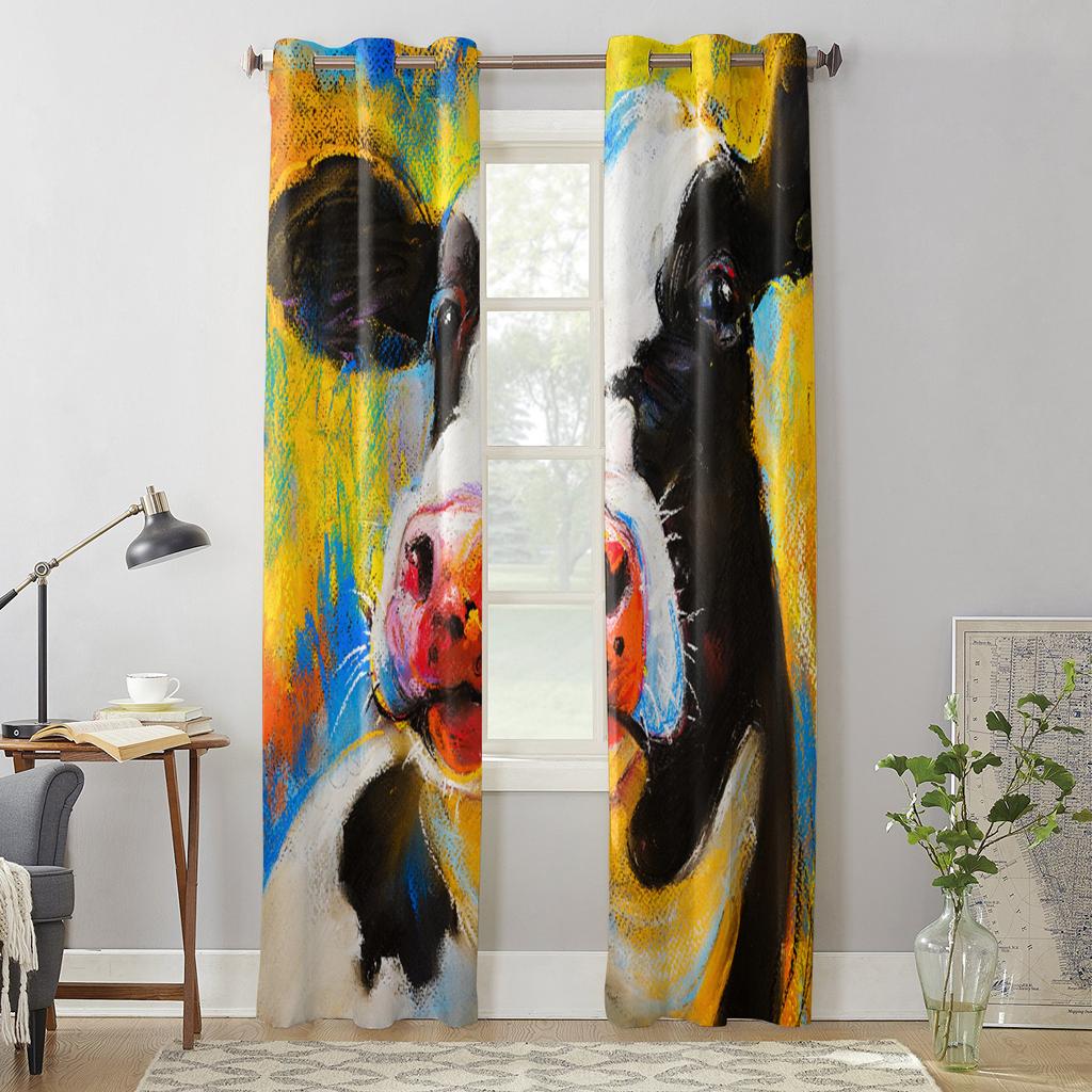 Animal Cow Color Oil Painting Window Curtains Bedroom Kitchen Drapes Panel Curtains for Living Room Christmas Home Decor
