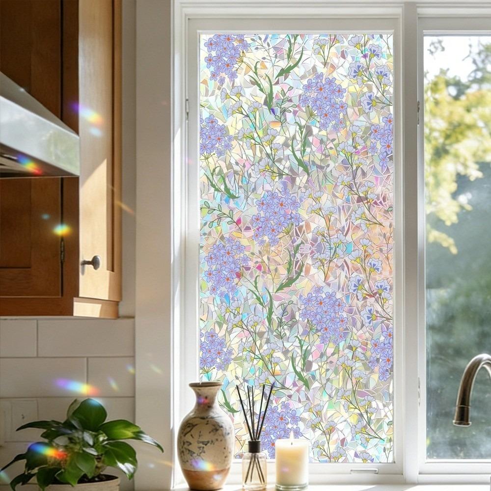 Translucent Floral Window Privacy Film PVC Static Stained Glass Cling  For Living Room