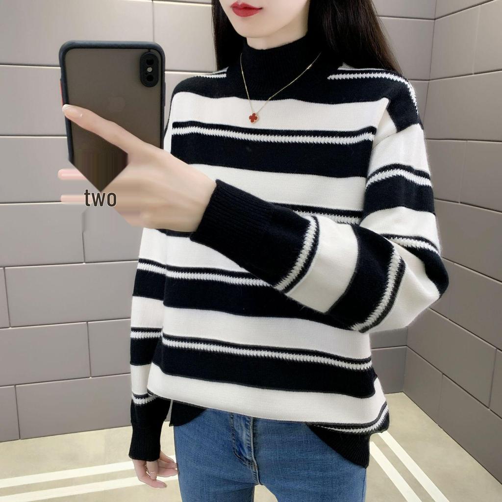 Women's Stylish Striped Loose Sweater - Thickened Half-High Collar Base Layer for Autumn/Winter