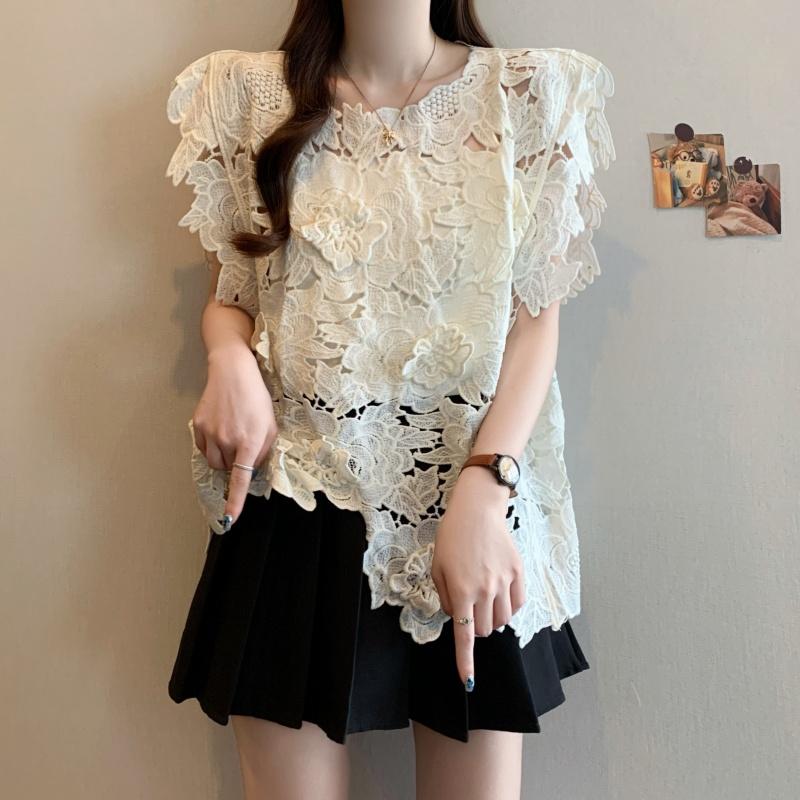 

DIMANAF 2025 Новая летняя футболка женская базовая вязаная кружевная майка без рукавов ажурные топы свободного кроя One Size белый