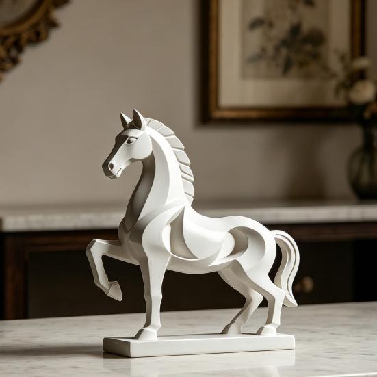 Standing Horse Statue Modern Geometric Horse Ornament Large Base Matte White Art Figurine for Home Office Living Room Decor Luck Wealth Gift